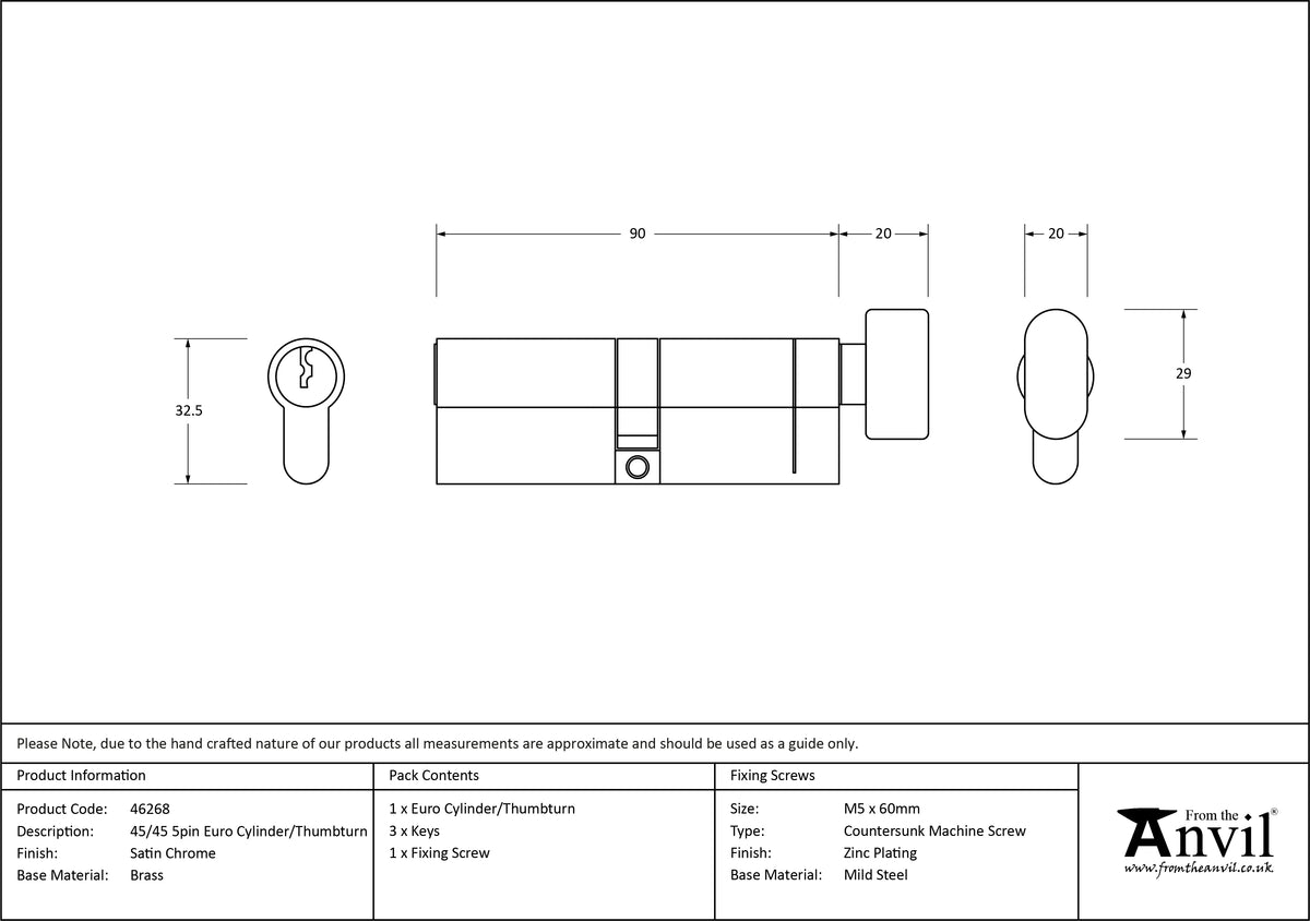 EURO CYLINDER/THUMBTURN 5PIN DIFFER 45/45 SCP - 46268 by MARCHES (ANVIL) ARCHITECTURAL HARDWARE