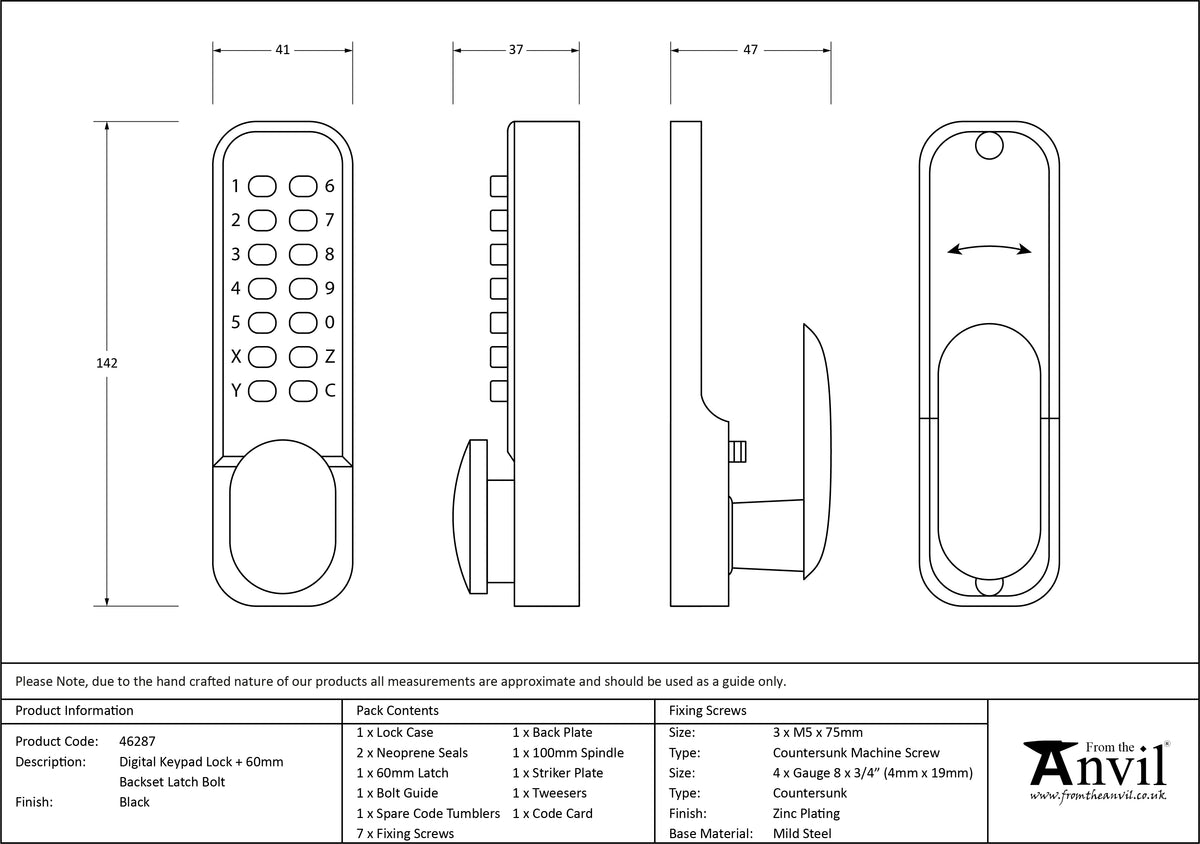 DIGITAL KEYPAD LOCK BS60 142x41 BLK - 46287 by MARCHES (ANVIL) ARCHITECTURAL HARDWARE