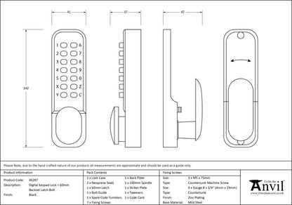 DIGITAL KEYPAD LOCK BS60 142x41 BLK - 46287 by MARCHES (ANVIL) ARCHITECTURAL HARDWARE
