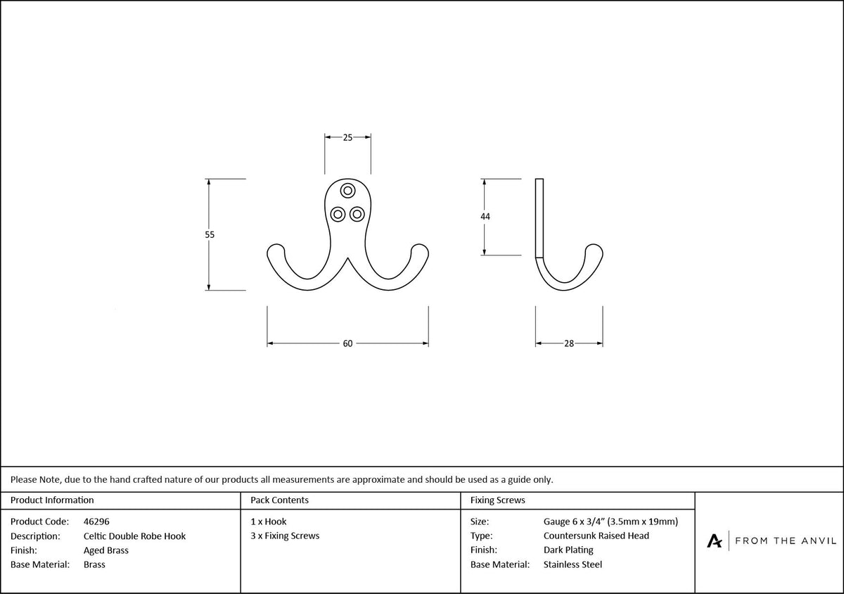 CELTIC ROBE HOOK DOUBLE 84x54x35 AGBR - 46296 by MARCHES (ANVIL) ARCHITECTURAL HARDWARE