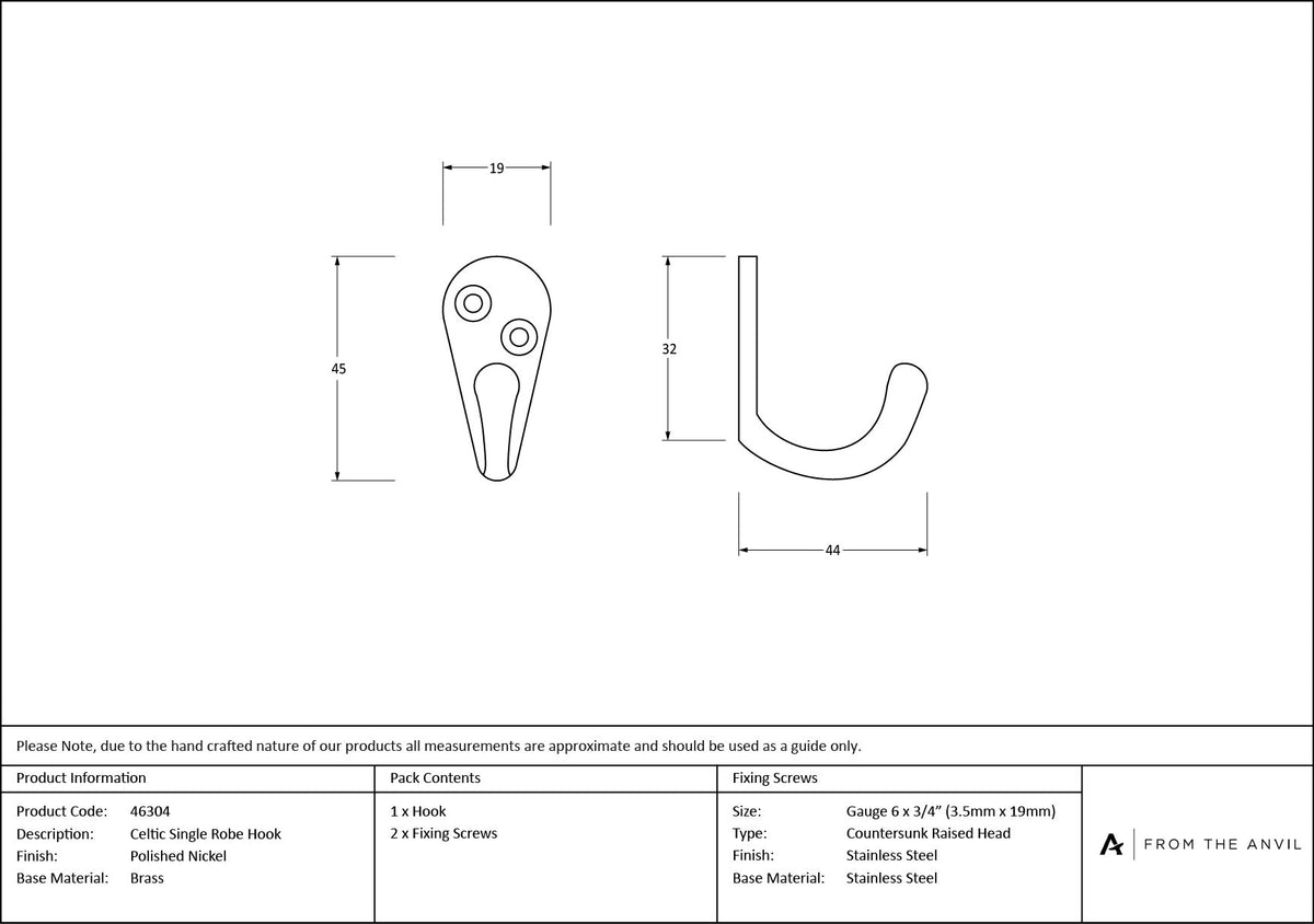 CELTIC ROBE HOOK SINGLE 45x19x44 PNP - 46304 by MARCHES (ANVIL) ARCHITECTURAL HARDWARE