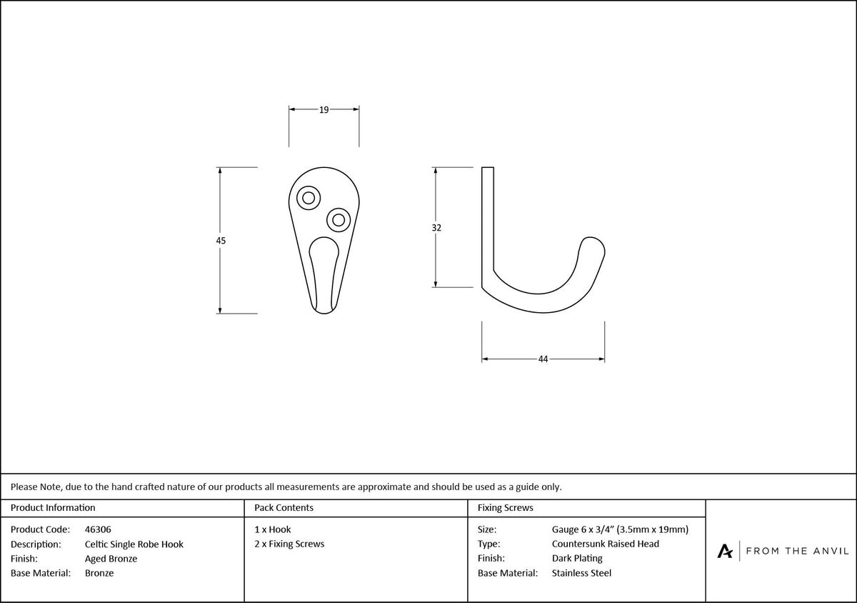 CELTIC ROBE HOOK SINGLE 45x19x44 AGBZ - 46306 by MARCHES (ANVIL) ARCHITECTURAL HARDWARE