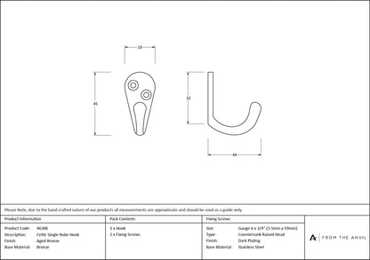 CELTIC ROBE HOOK SINGLE 45x19x44 AGBZ - 46306 by MARCHES (ANVIL) ARCHITECTURAL HARDWARE