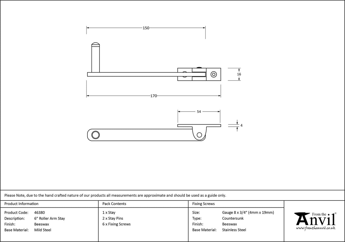 ROLLER ARM STAY 180x16x54 BWX - 46380 by MARCHES (ANVIL) ARCHITECTURAL HARDWARE