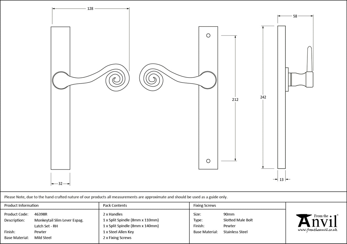 MONKEYTAIL SLIM LEVER ESPAGNOLETTE LATCH RH 128x242x58 PEW - 46398R by MARCHES (ANVIL) ARCHITECTURAL HARDWARE