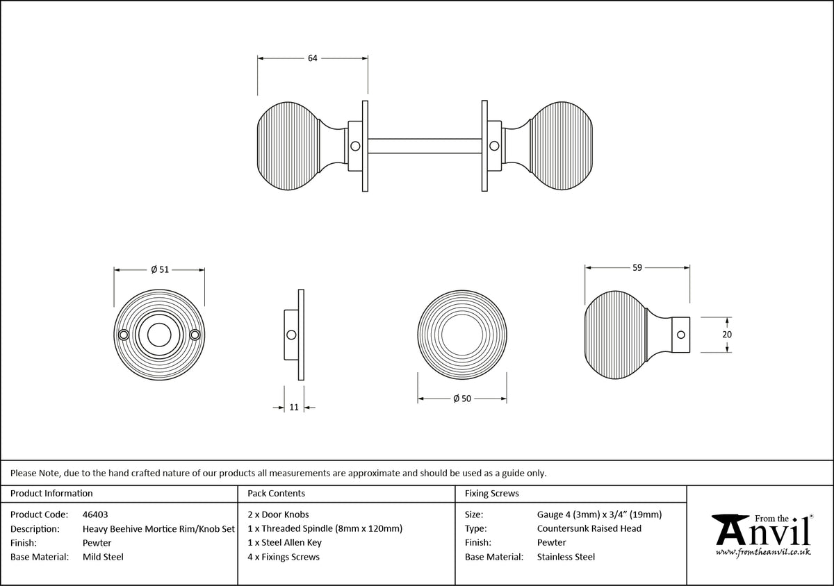 HEAVY BEEHIVE MORTICE/RIM KNOB 50x64x51 PEW - 46403 by MARCHES (ANVIL) ARCHITECTURAL HARDWARE