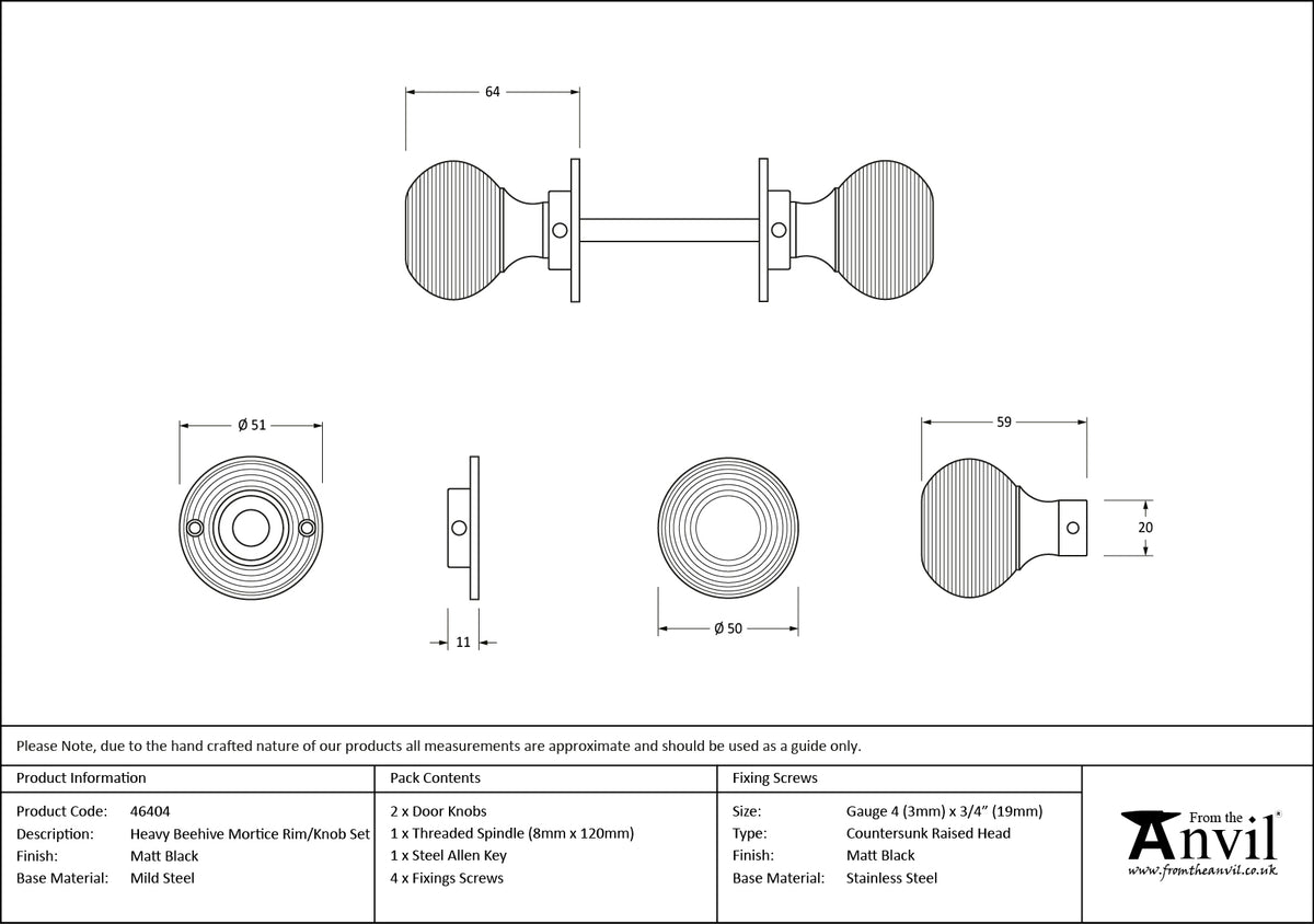 BEEHIVE MRT/RIM KNOB D50 HVY MBK - 46404 by MARCHES (ANVIL) ARCHITECTURAL HARDWARE