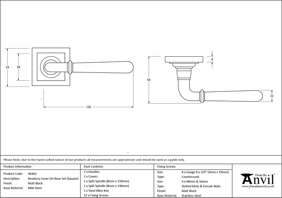 NEWBURY LEVER HANDLE+ROSE SPRUNG SQUARE 53x126x64 MBK - 46462 by MARCHES (ANVIL) ARCHITECTURAL HARDWARE