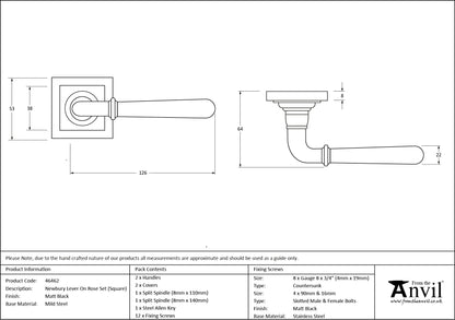 NEWBURY LEVER HANDLE+ROSE SPRUNG SQUARE 53x126x64 MBK - 46462 by MARCHES (ANVIL) ARCHITECTURAL HARDWARE