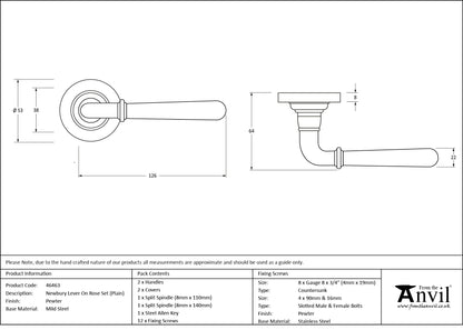 NEWBURY LEVER HANDLE+ROSE SPRUNG PLAIN 53x126x64 PEW - 46463 by MARCHES (ANVIL) ARCHITECTURAL HARDWARE