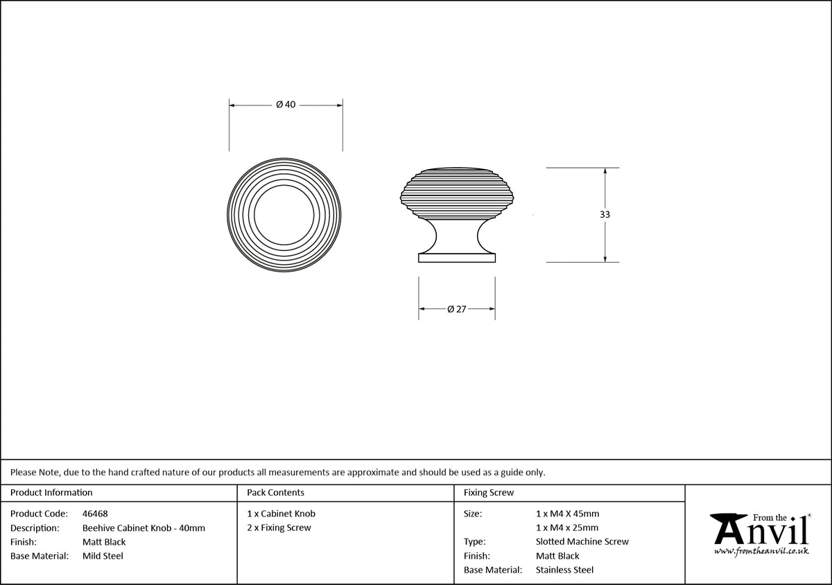 BEEHIVE CABINET KNOB D40x33 MBK - 46468 by MARCHES (ANVIL) ARCHITECTURAL HARDWARE