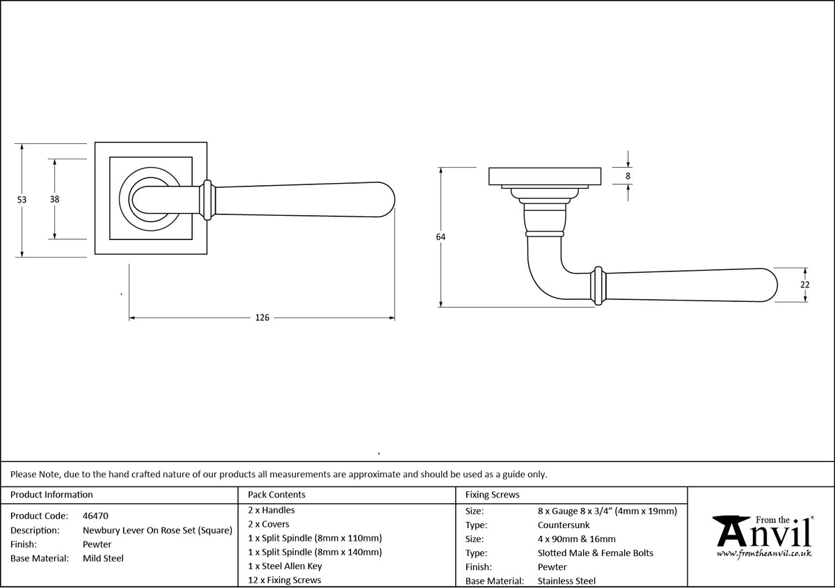 NEWBURY LEVER HANDLE+ROSE SPRUNG SQUARE 53x126x64 PEW - 46470 by MARCHES (ANVIL) ARCHITECTURAL HARDWARE