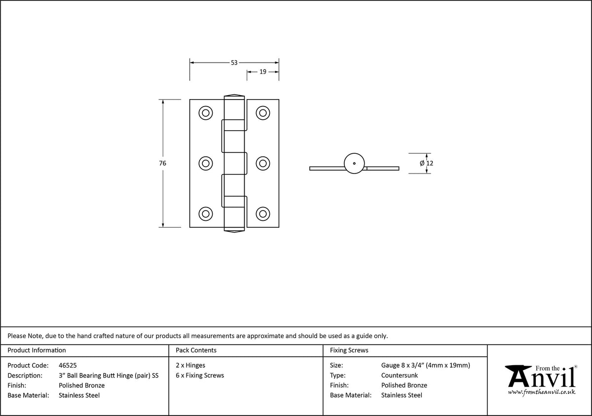 BUTT HINGE BB PR 076x50 PBZ - 46525 by MARCHES (ANVIL) ARCHITECTURAL HARDWARE