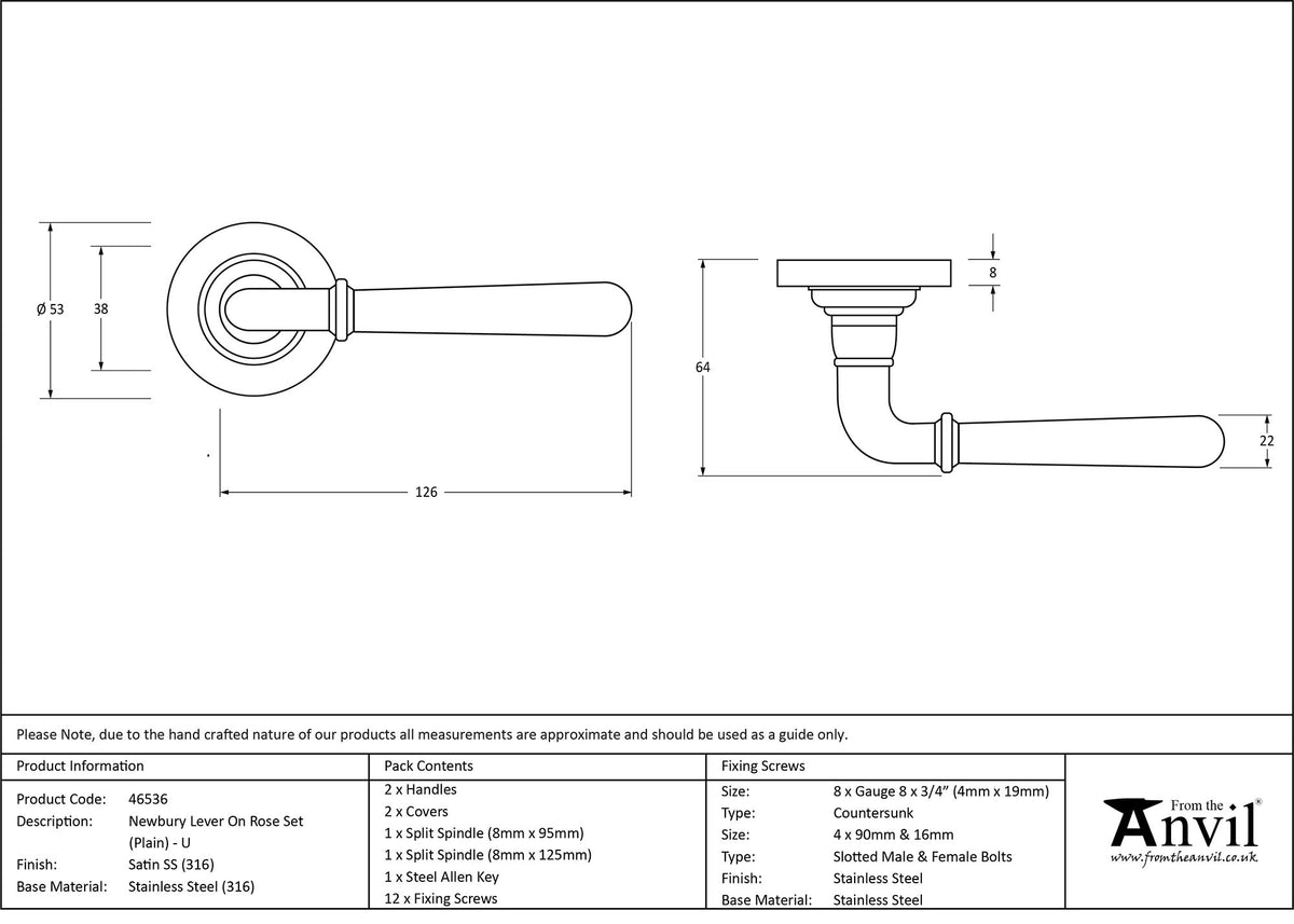 NEWBURY LEVER HANDLE+ROSE UNSPRUNG PLAIN 126x53x64 SMA - 46536 by MARCHES (ANVIL) ARCHITECTURAL HARDWARE