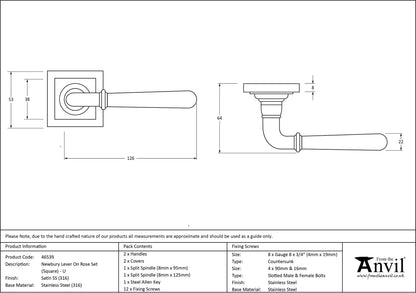 NEWBURY LEVER HANDLE+ROSE UNSPRUNG SQUARE 126x53x64 SMA - 46539 by MARCHES (ANVIL) ARCHITECTURAL HARDWARE
