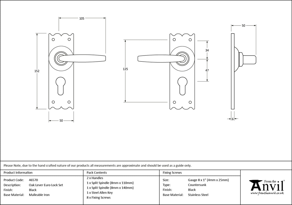 OAK EURO LOCK SET LEVER 152x50x105 BKO - 46570 by MARCHES (ANVIL) ARCHITECTURAL HARDWARE
