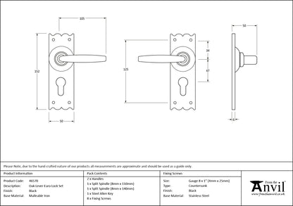 OAK EURO LOCK SET LEVER 152x50x105 BKO - 46570 by MARCHES (ANVIL) ARCHITECTURAL HARDWARE