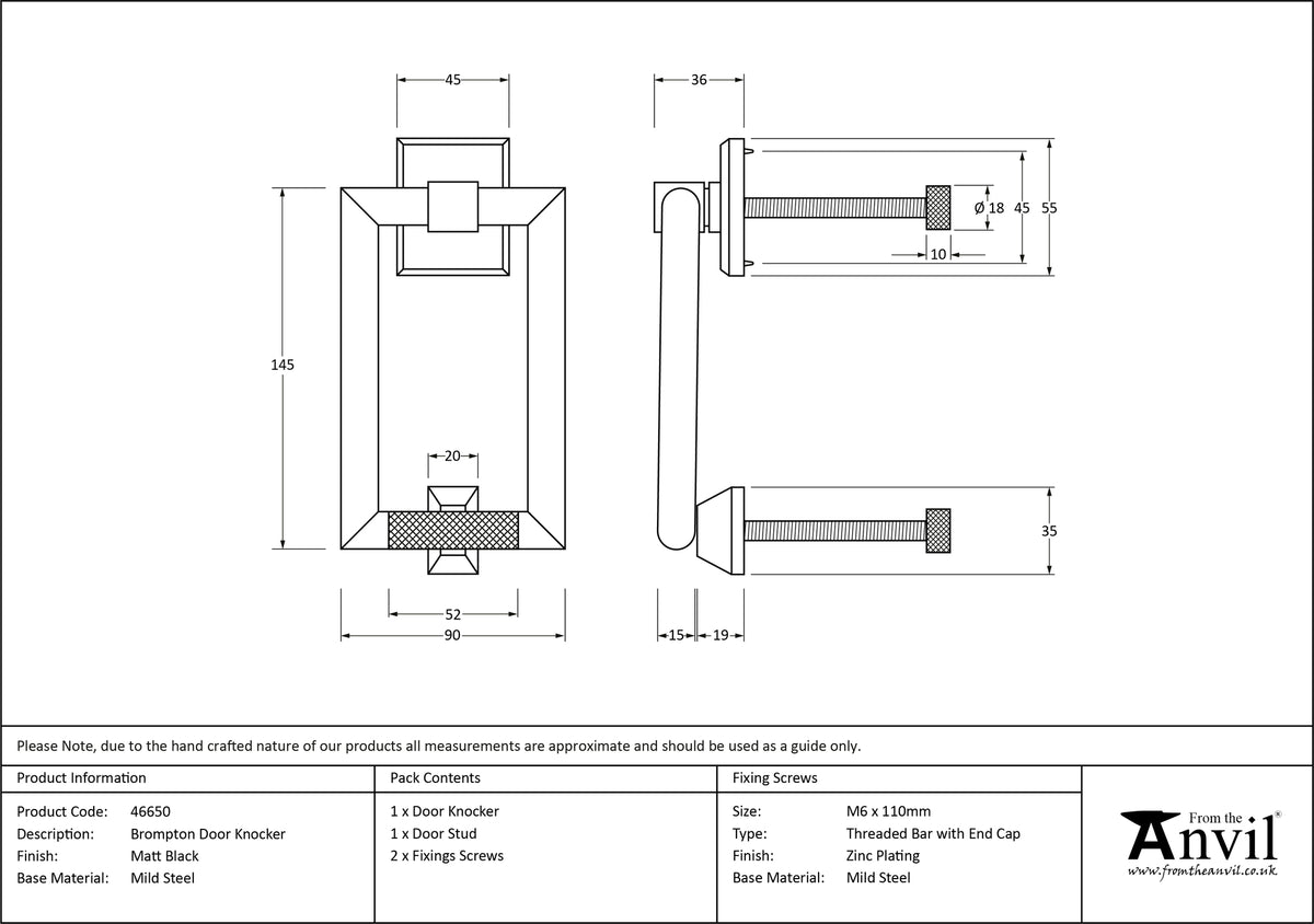 BROMPTON DOOR KNOCKER 145x90x36 MBK - 46650 by MARCHES (ANVIL) ARCHITECTURAL HARDWARE