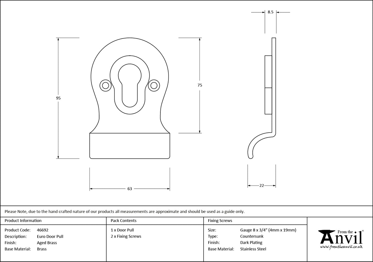 EURO PULL FACE FIX 95x63x22 AGBR - 46692 by MARCHES (ANVIL) ARCHITECTURAL HARDWARE
