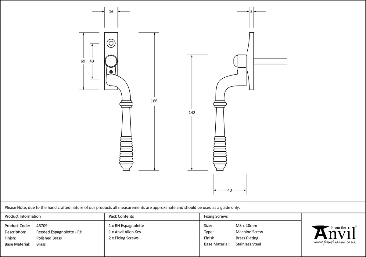 REEDED ESPAGNOLETTE RH 166x16x40 PBR - 46709 by MARCHES (ANVIL) ARCHITECTURAL HARDWARE