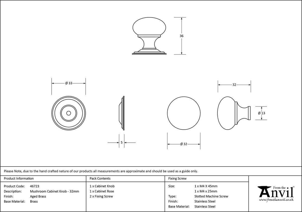 MUSHROOM CABINET KNOB 32x36 AGBR - 46723 by MARCHES (ANVIL) ARCHITECTURAL HARDWARE