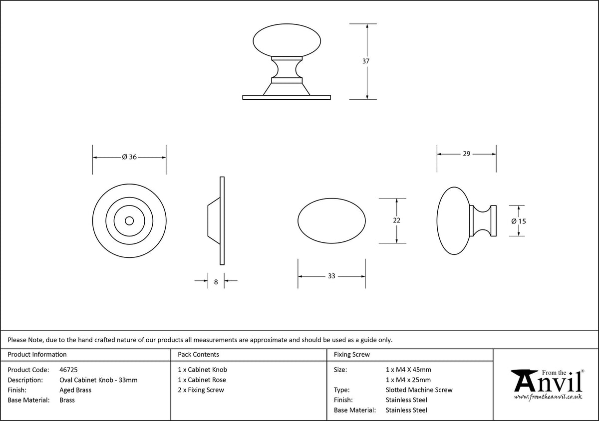 OVAL CABINET KNOB 33x22x37x36 AGBR - 46725 by MARCHES (ANVIL) ARCHITECTURAL HARDWARE