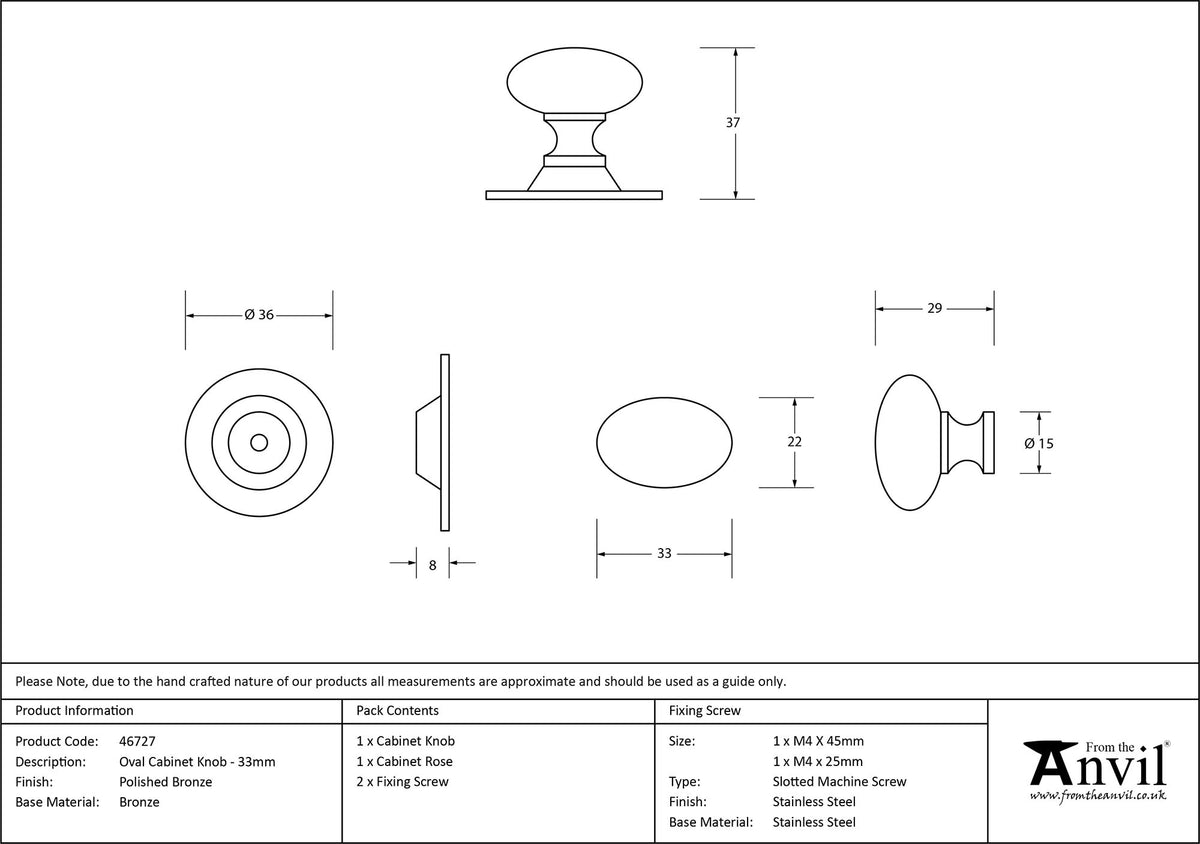 OVAL CABINET KNOB 33x22x37x36 PBZ - 46727 by MARCHES (ANVIL) ARCHITECTURAL HARDWARE