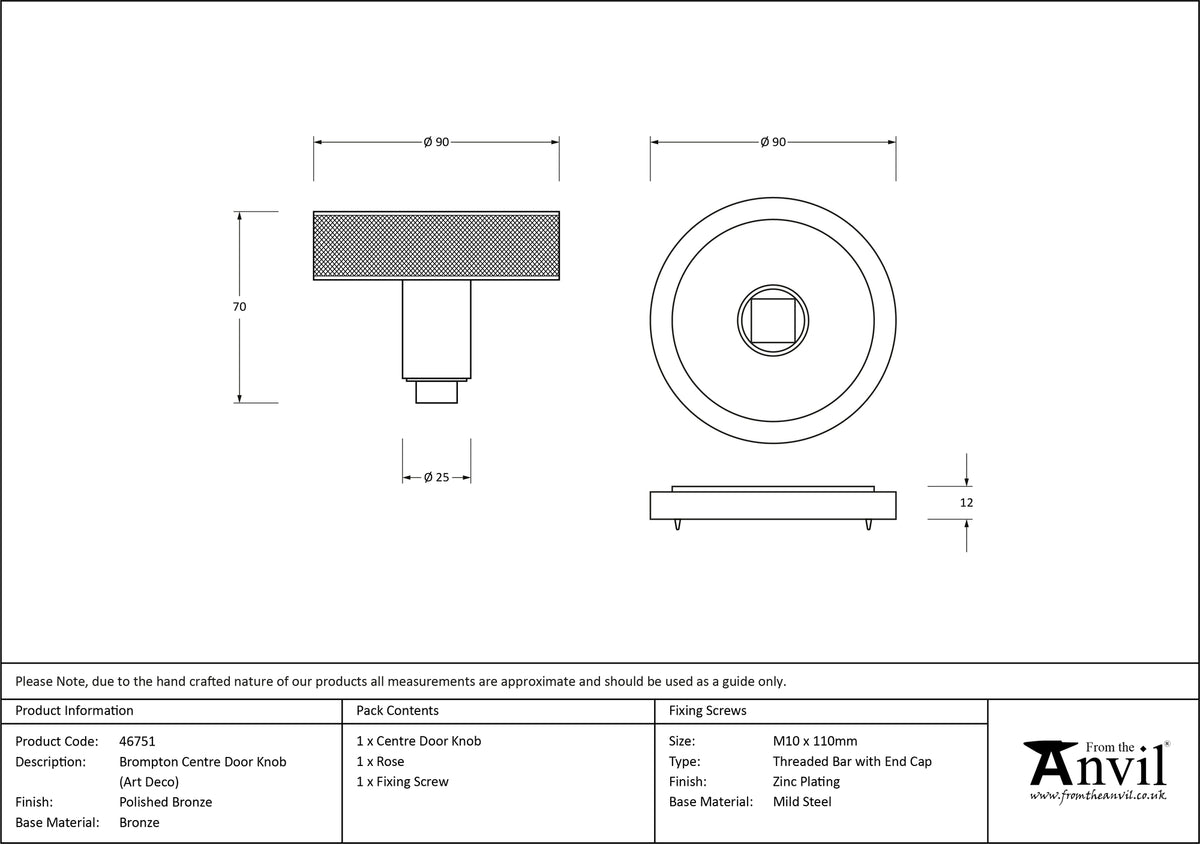BROMPTON CENTRE DOOR KNOB ART DECO 90x70 PBZ - 46751 by MARCHES (ANVIL) ARCHITECTURAL HARDWARE