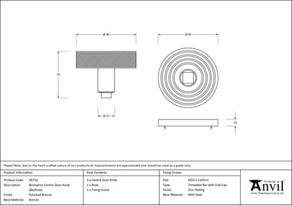 BROMPTON CENTRE DOOR KNOB BEEHIVE 90x70 PBZ - 46752 by MARCHES (ANVIL) ARCHITECTURAL HARDWARE