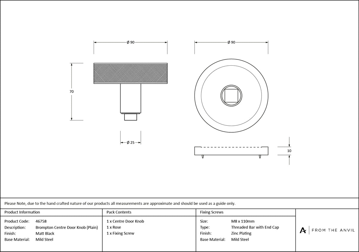 BROMPTON CENTRE DOOR KNOB PLAIN 90x70 MBK - 46758 by MARCHES (ANVIL) ARCHITECTURAL HARDWARE