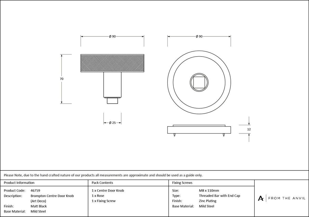 BROMPTON CENTRE DOOR KNOB ART DECO 90x70 MBK - 46759 by MARCHES (ANVIL) ARCHITECTURAL HARDWARE