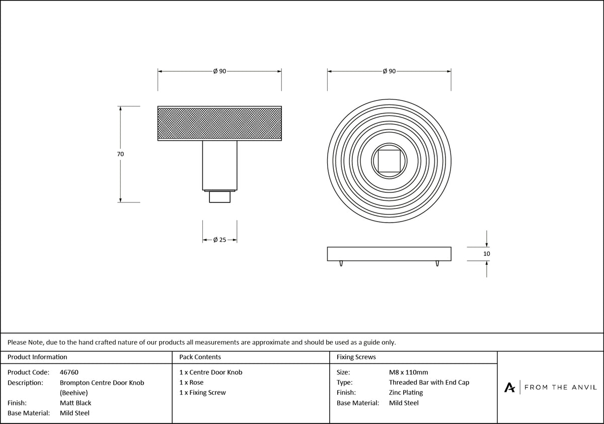 BROMPTON CENTRE DOOR KNOB BEEHIVE 90x70 MBK - 46760 by MARCHES (ANVIL) ARCHITECTURAL HARDWARE