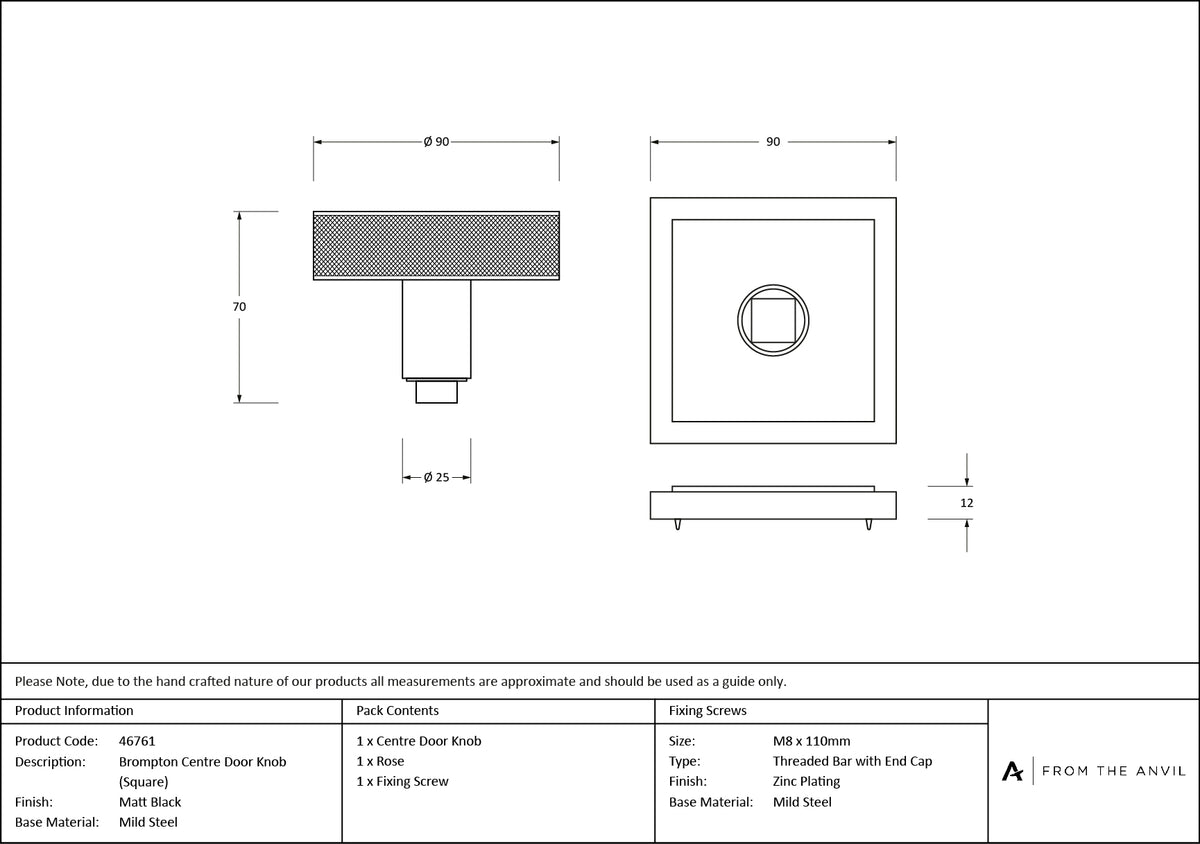 BROMPTON CENTRE DOOR KNOB SQUARE 90x70 MBK - 46761 by MARCHES (ANVIL) ARCHITECTURAL HARDWARE