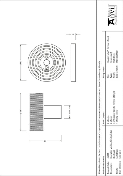 BROMPTON MORTICE/RIM KNOB BEEHIVE 63x54x22 MBK - 46800 by MARCHES (ANVIL) ARCHITECTURAL HARDWARE