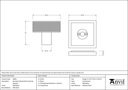 BROMPTON MORTICE/RIM KNOB SQUARE 63x54x22 MBK - 46801 by MARCHES (ANVIL) ARCHITECTURAL HARDWARE