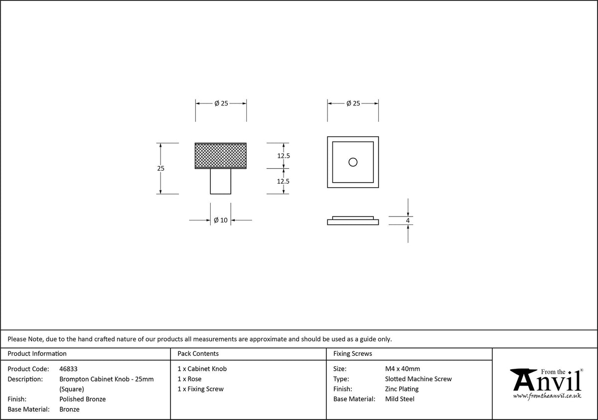 BROMPTON CABINET KNOB SQUARE 25x25 PBZ - 46833 by MARCHES (ANVIL) ARCHITECTURAL HARDWARE