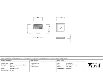BROMPTON CABINET KNOB SQUARE 25x25 PMA - 46849 by MARCHES (ANVIL) ARCHITECTURAL HARDWARE