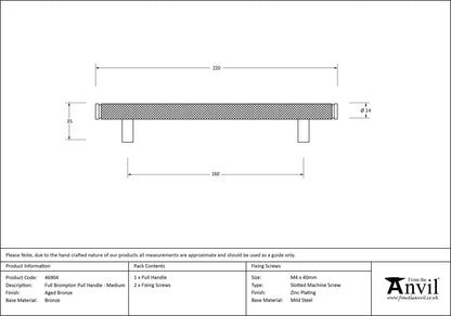 FULL BROMPTON PULL HANDLE 160HC 14x220x35 AGBZ - 46904 by MARCHES (ANVIL) ARCHITECTURAL HARDWARE