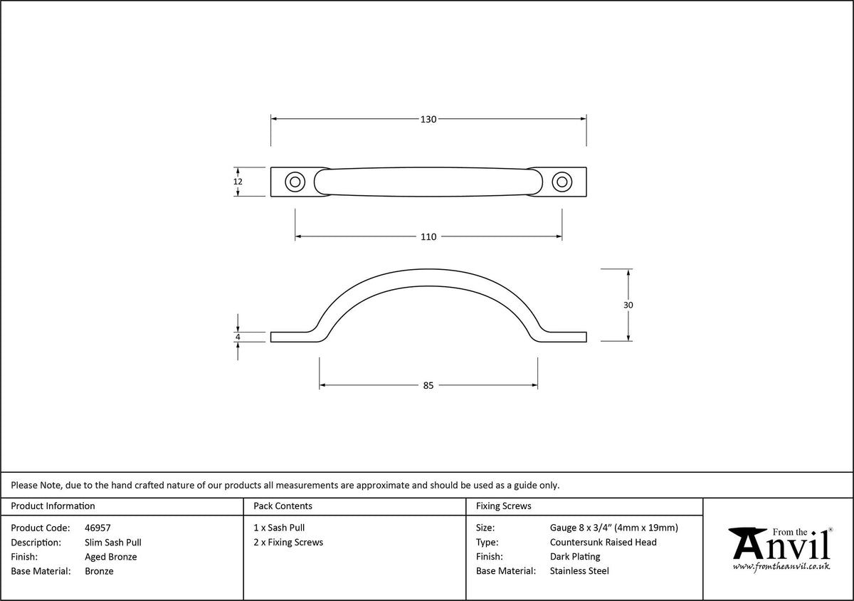 SLIM SASH PULL 130x12x30 AGBZ - 46957 by MARCHES (ANVIL) ARCHITECTURAL HARDWARE