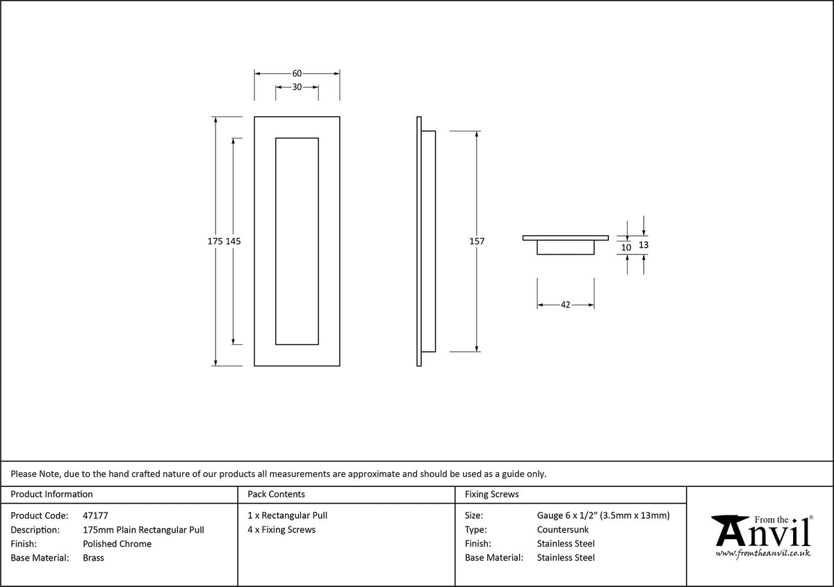 RECTANGULAR PULL PLAIN 175x60x13 PCP - 47177 by MARCHES (ANVIL) ARCHITECTURAL HARDWARE