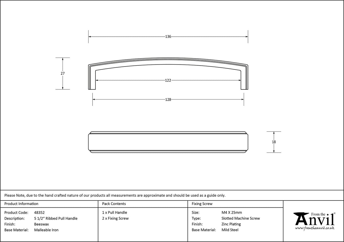 RIBBED PULL HANDLE 128HC 136x18x27 BWX - 48352 by MARCHES (ANVIL) ARCHITECTURAL HARDWARE