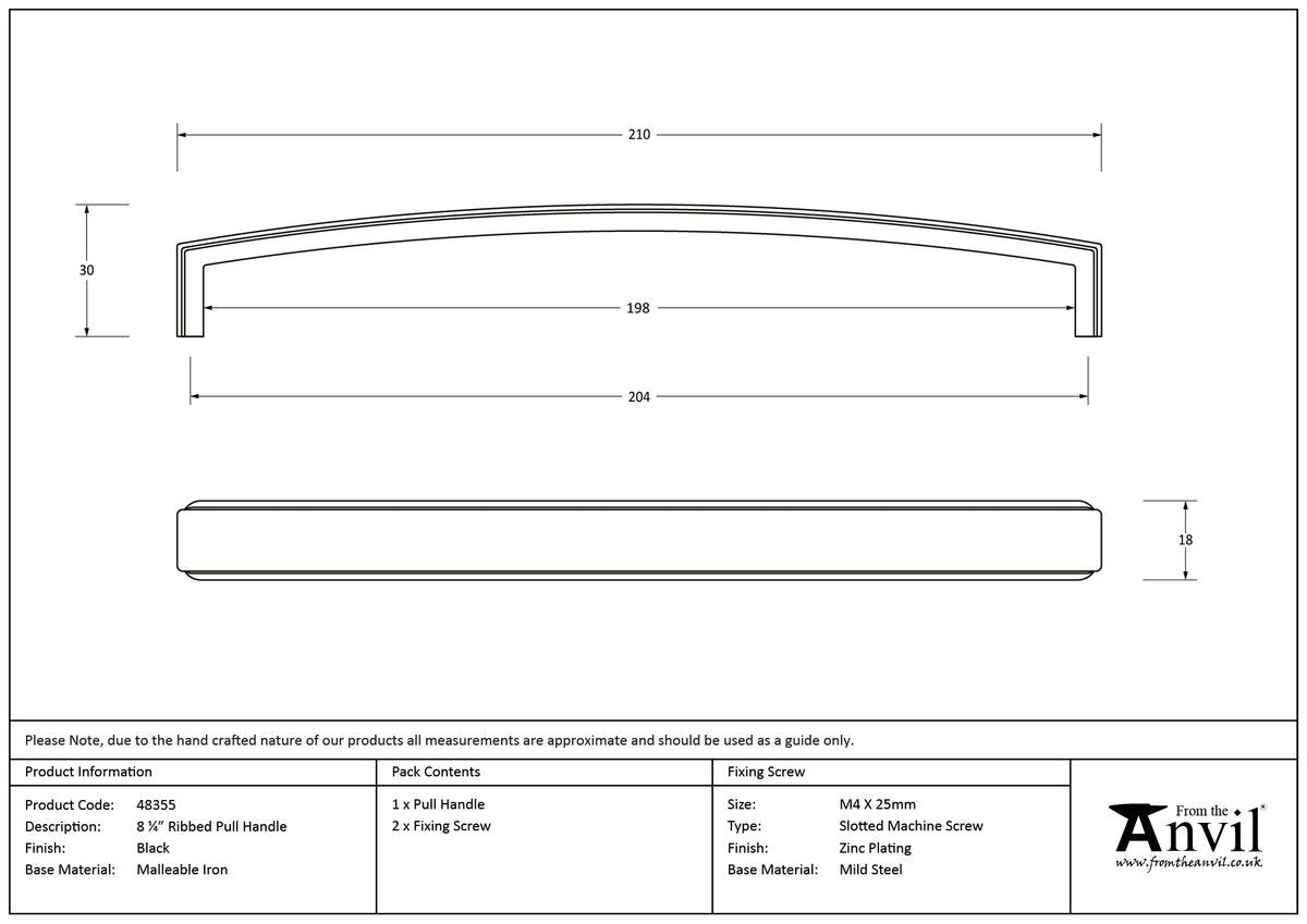RIBBED PULL HANDLE 204HC 210x18x30 BLK - 48355 by MARCHES (ANVIL) ARCHITECTURAL HARDWARE