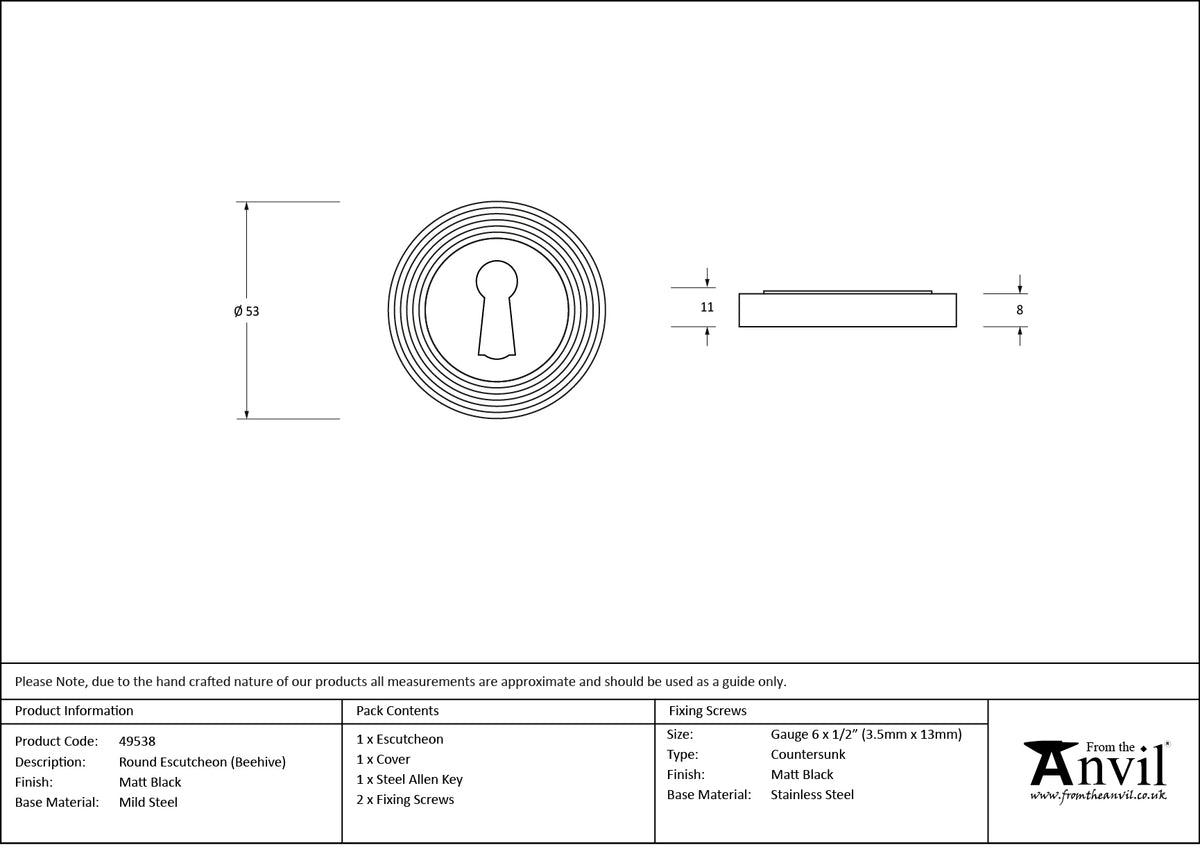 ESCUTCHEON ROUND CNC BEEHIVE 53x8 MBK - 49538 by MARCHES (ANVIL) ARCHITECTURAL HARDWARE