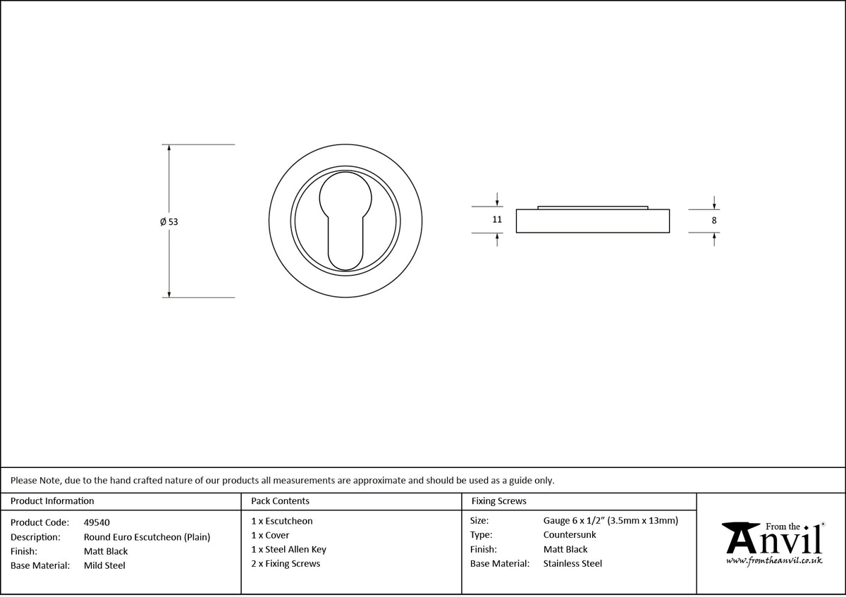 ESCUTCHEON ROUND EURO CNC PLAIN 53x8 MBK - 49540 by MARCHES (ANVIL) ARCHITECTURAL HARDWARE