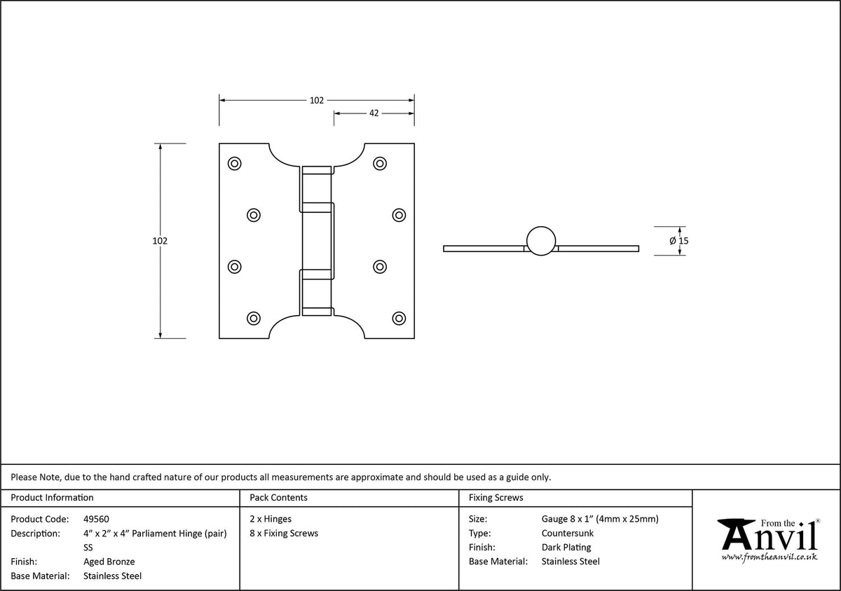 PARLIAMENT HINGE 102x102x42 AGBZ - 49560 by MARCHES (ANVIL) ARCHITECTURAL HARDWARE