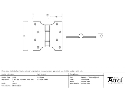 PARLIAMENT HINGE 102x102x42 SSS - 49566 by MARCHES (ANVIL) ARCHITECTURAL HARDWARE