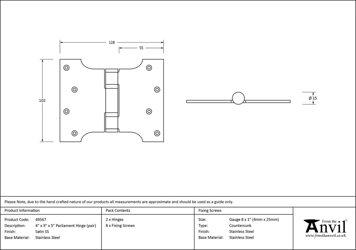 PARLIAMENT HINGE 128x102x55 SSS - 49567 by MARCHES (ANVIL) ARCHITECTURAL HARDWARE