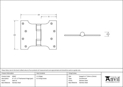 PARLIAMENT HINGE 128x102x55 SSS - 49567 by MARCHES (ANVIL) ARCHITECTURAL HARDWARE