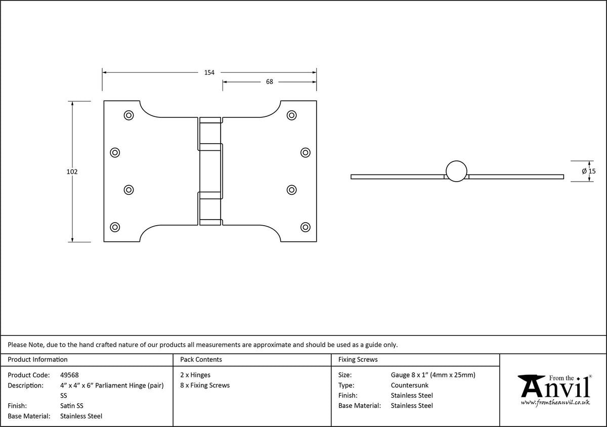 PARLIAMENT HINGE 154x102x68 SSS - 49568 by MARCHES (ANVIL) ARCHITECTURAL HARDWARE