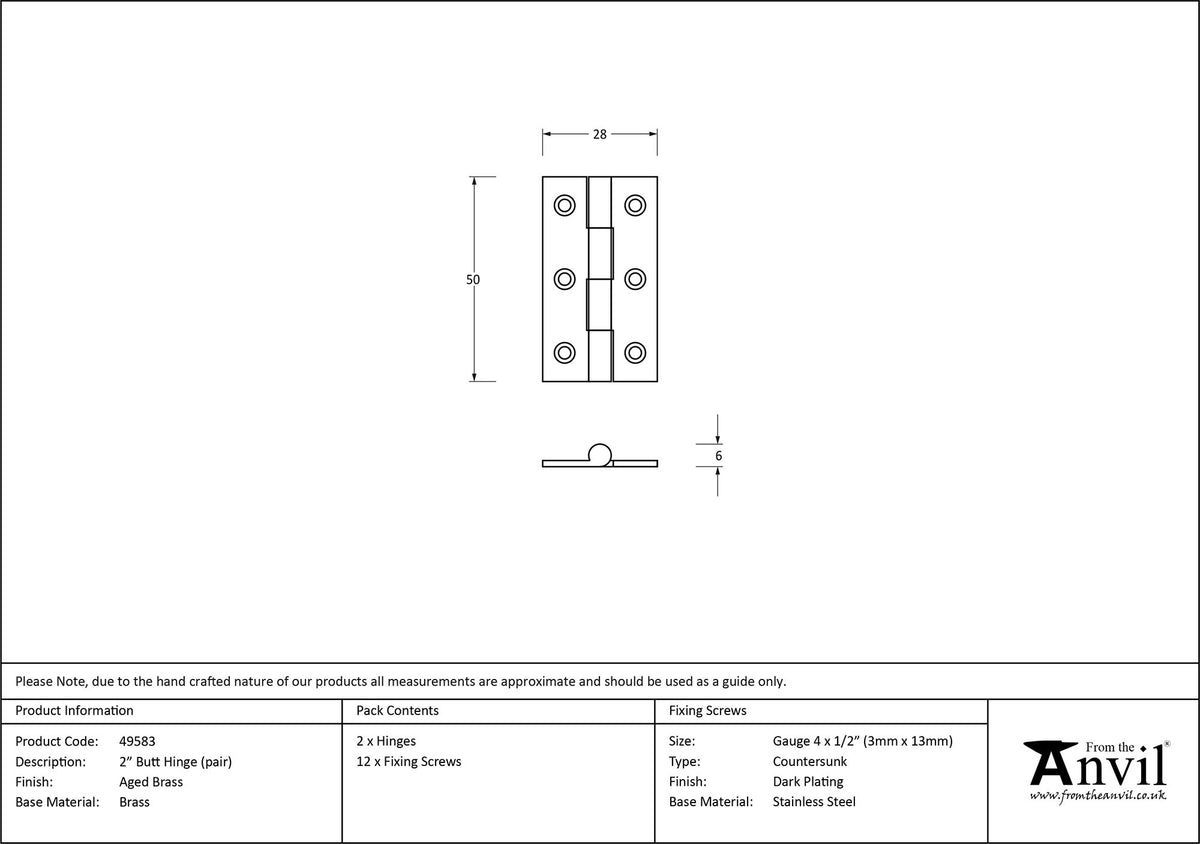 BUTT HINGE PR 50x28x6 AGBR - 49583 by MARCHES (ANVIL) ARCHITECTURAL HARDWARE
